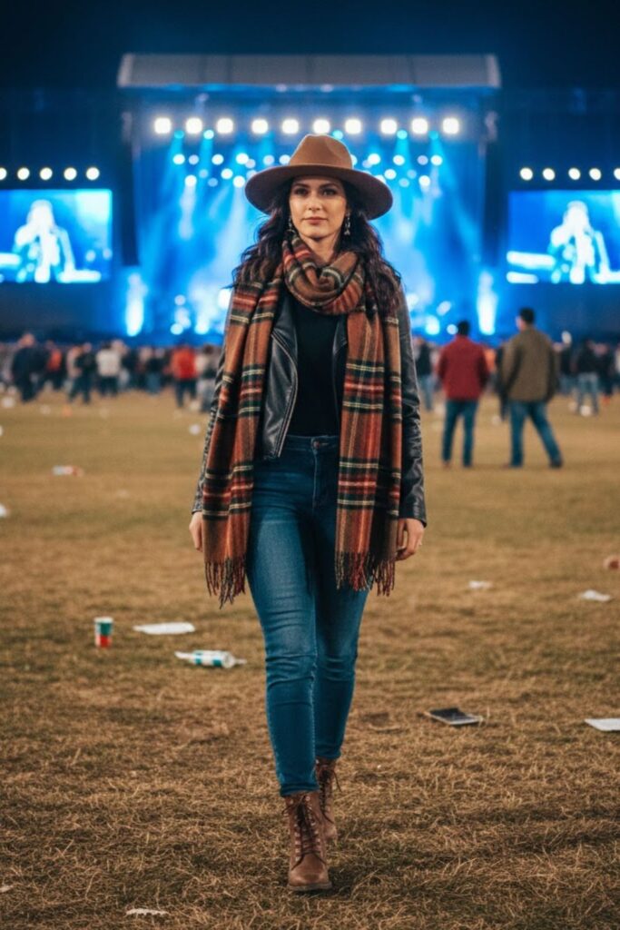 4. Leather Jacket with Plaid Scarf and Jeans