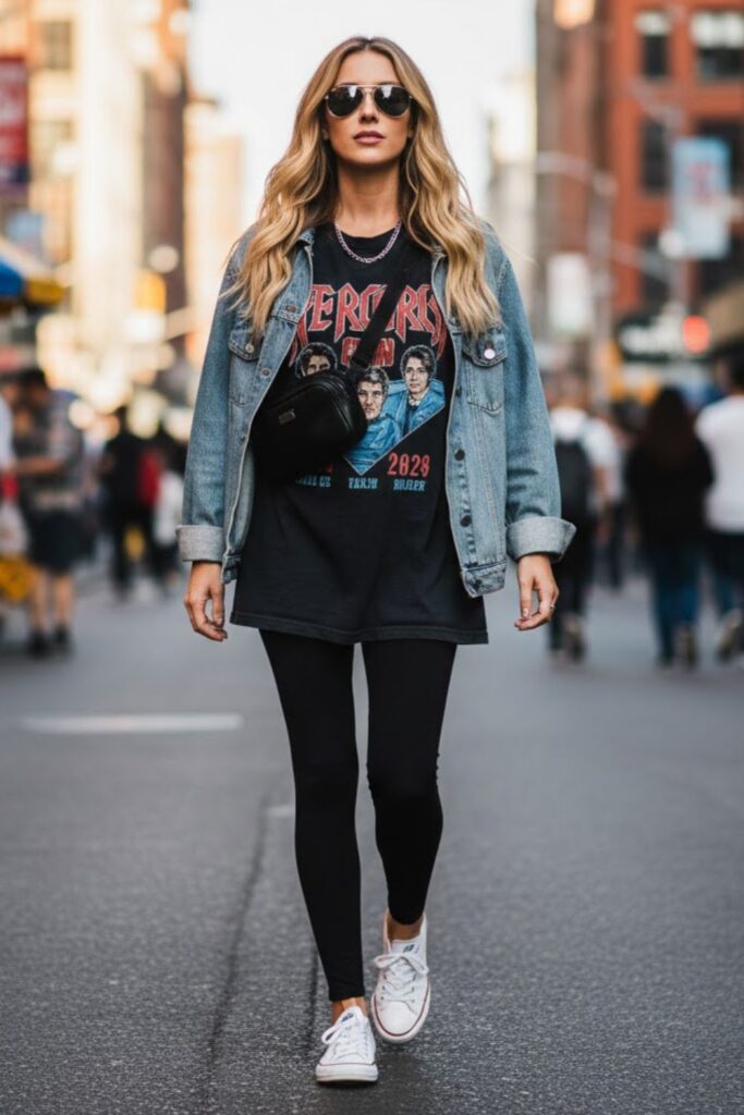 4. Leggings with Denim Jacket and Oversized Band Tee