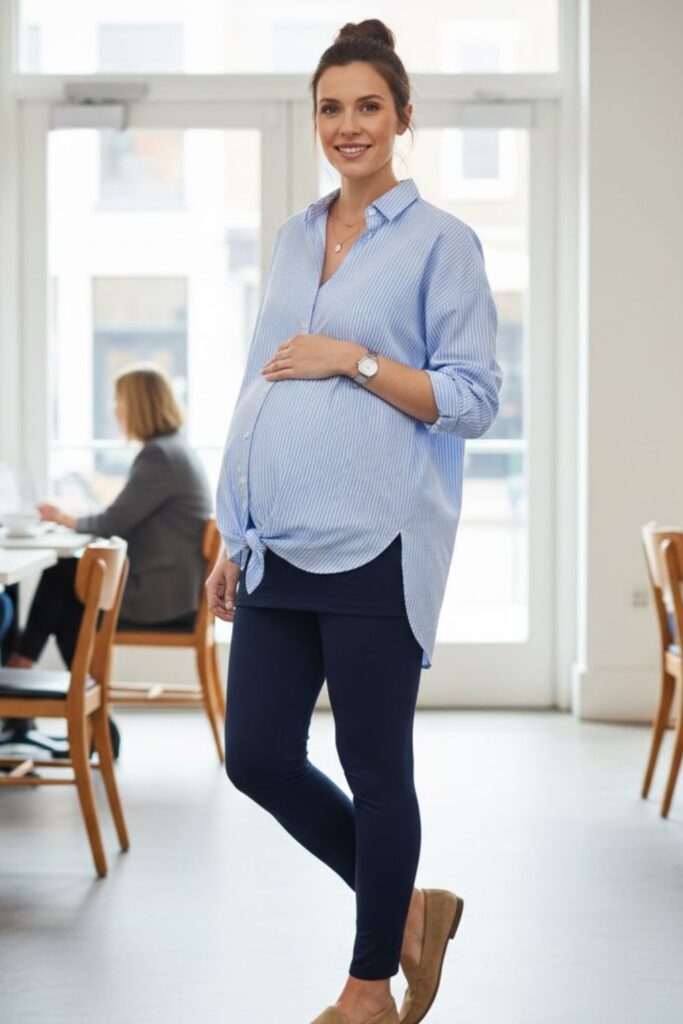 4. Maternity Leggings with Button-Down Shirt