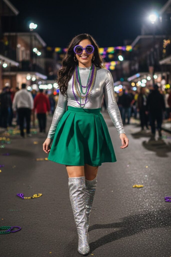 4. Metallic Bodysuit with High‑Waisted Skirt and Glitter Boots