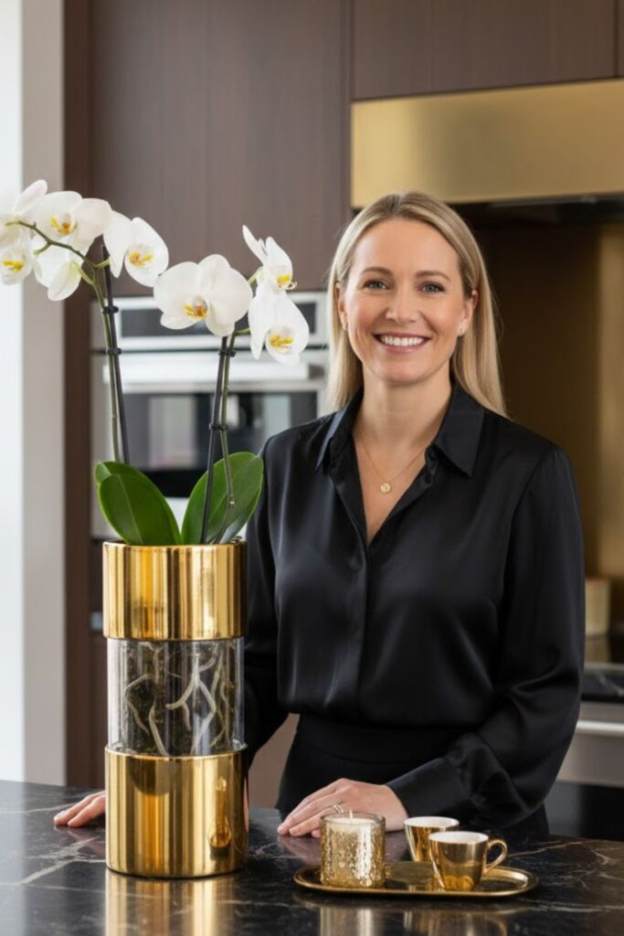 4. Metallic Gold Vase with Orchids