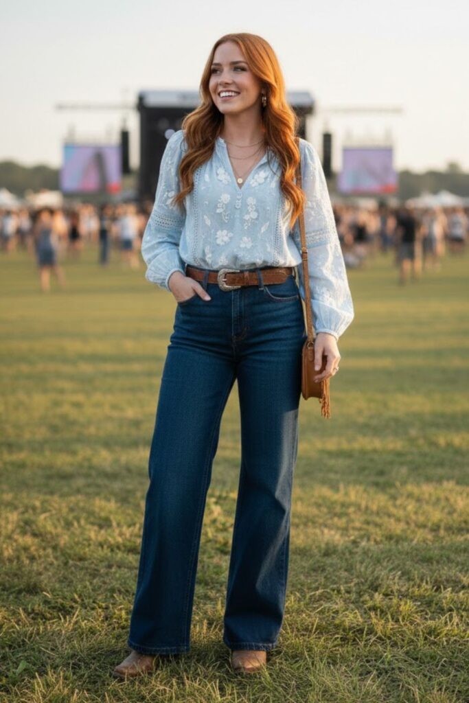 4. Navy Wide-Leg Jeans with Light Blue Blouse