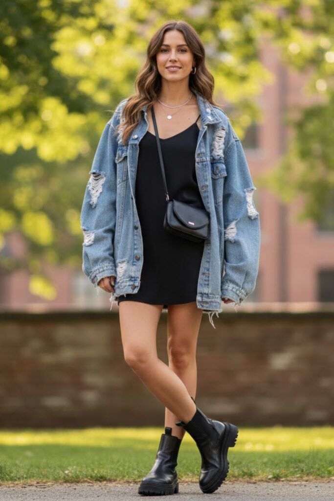 4. Oversized Denim Jacket with a Mini Dress