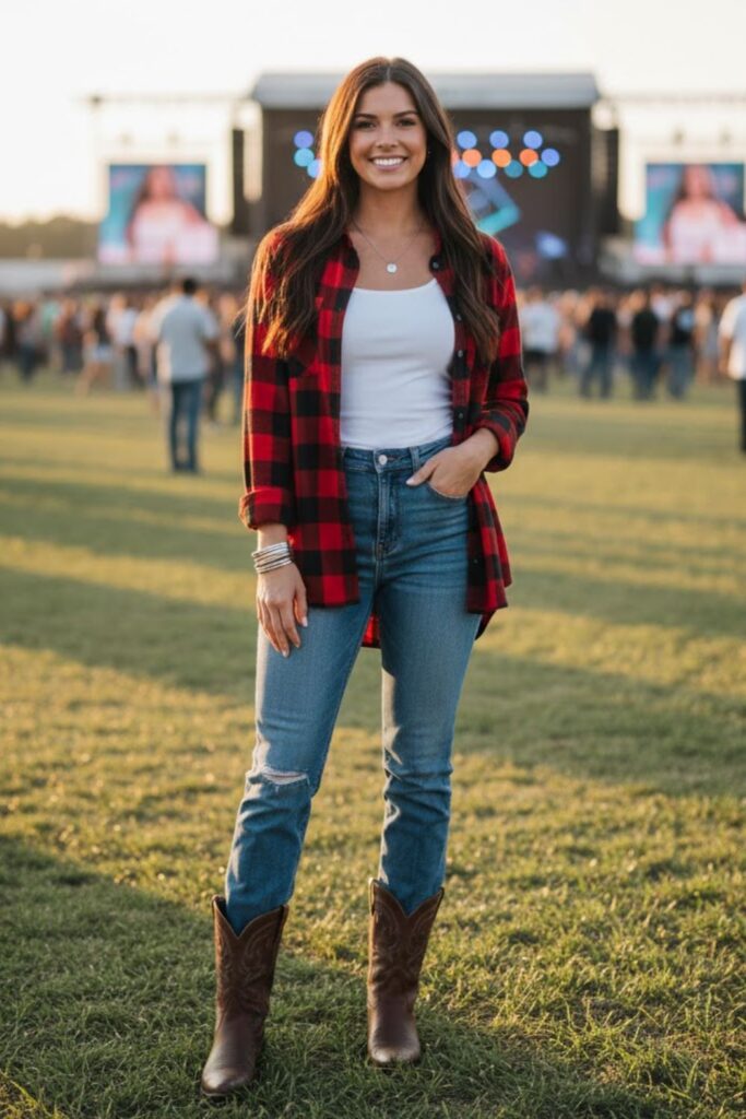 4. Plaid shirt, tank top, and skinny jeans