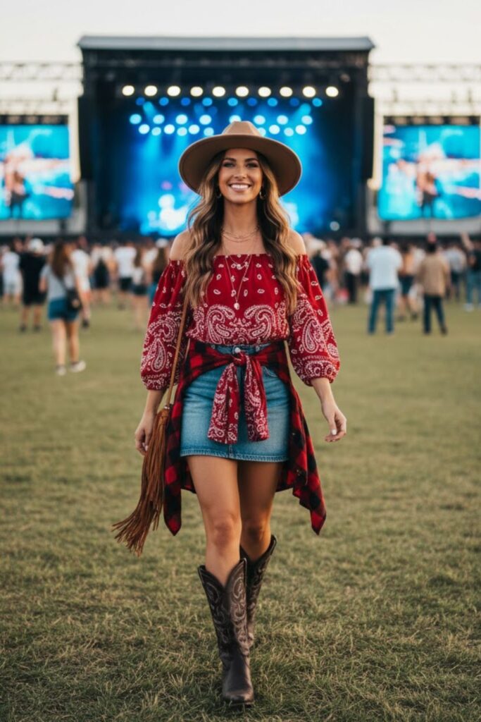 4. Red Bandana Top with Denim Skirt