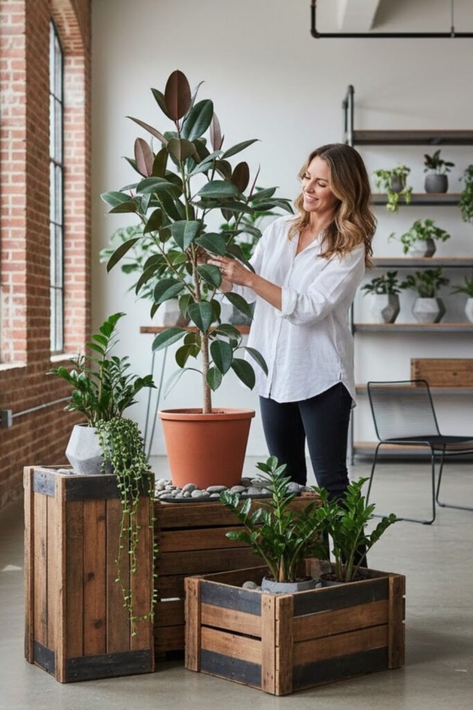 4. Rustic Wooden Crate Planters with Industrial Accents