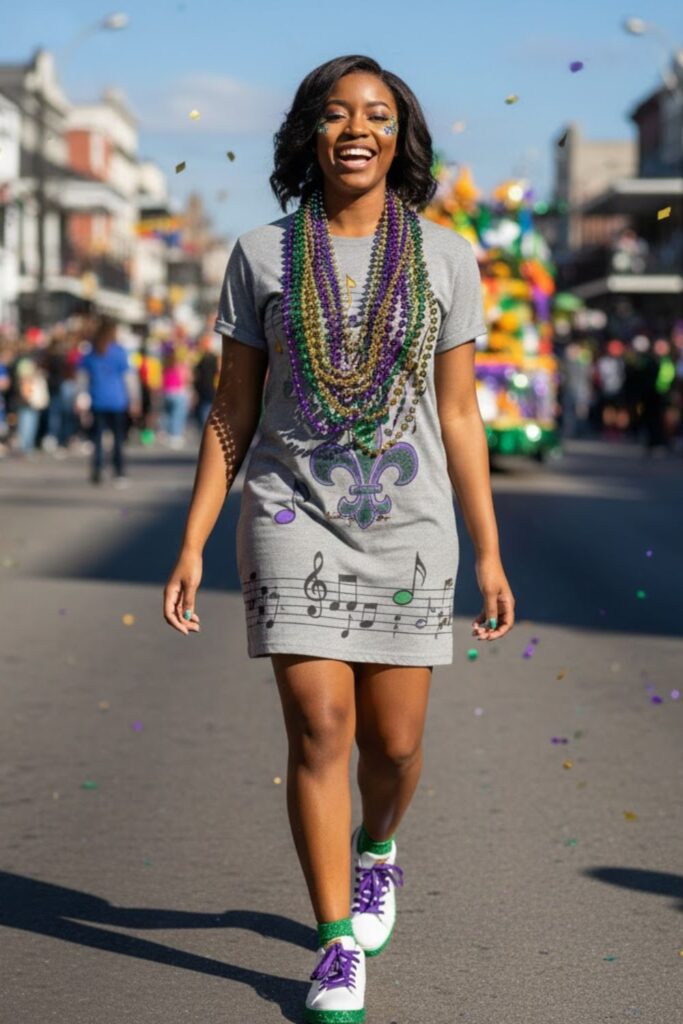 4. Statement Bead Necklace Set with Graphic Tee Dress and Sneakers
