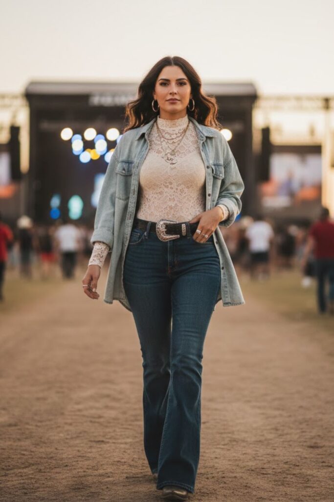 4. Western Belt With Buckle and Flared Jeans