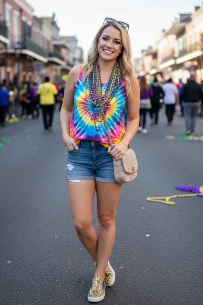5. Beaded Necklace Set with Tie‑Dye Tank and Denim Shorts