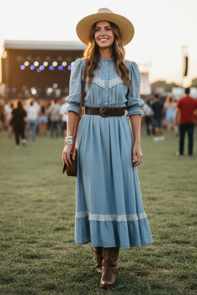 5. Blue Prairie Dress with Brown Belt