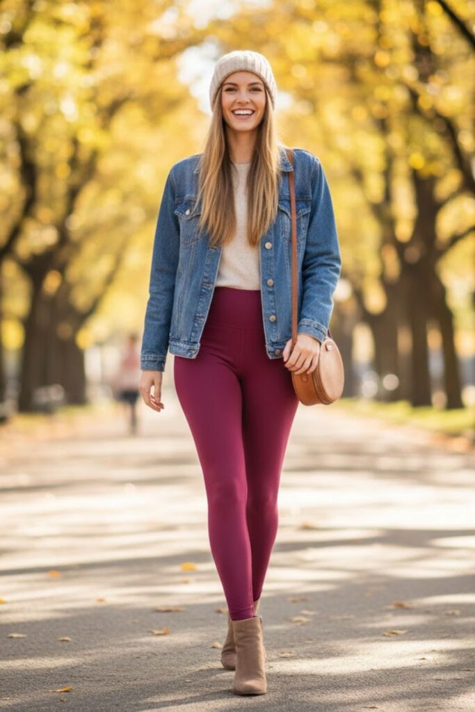 5. Bright Leggings with Neutral Boots and Denim Jacket