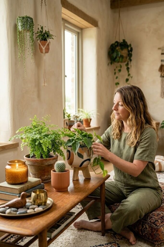 5. Centerpiece Plant Display on Boho Coffee Table
