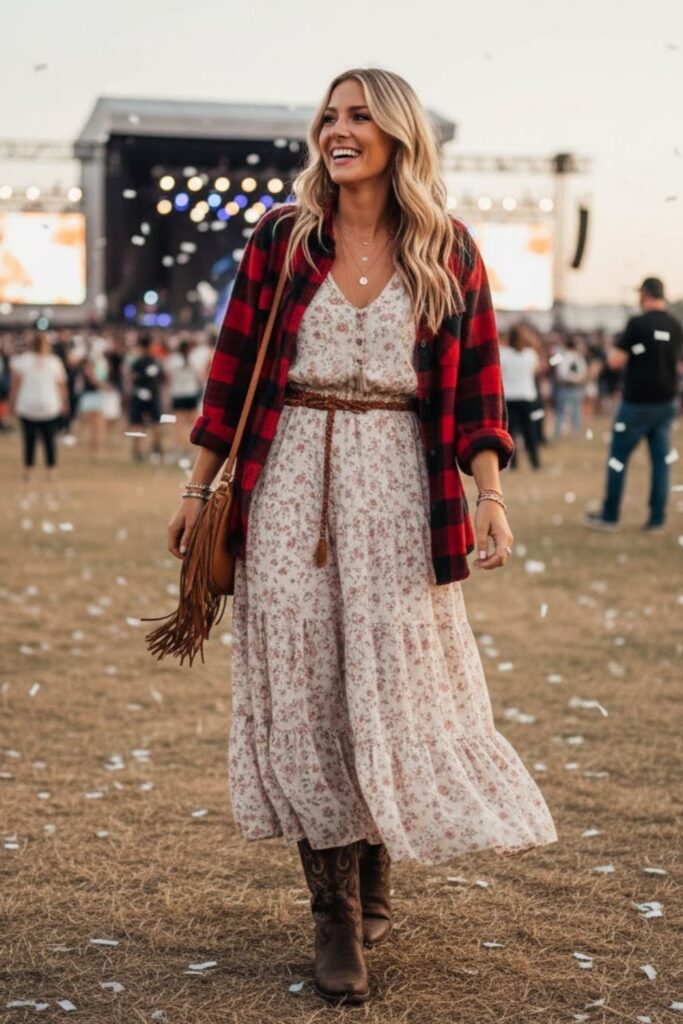 5. Flannel Layered over Maxi Dress and Boots