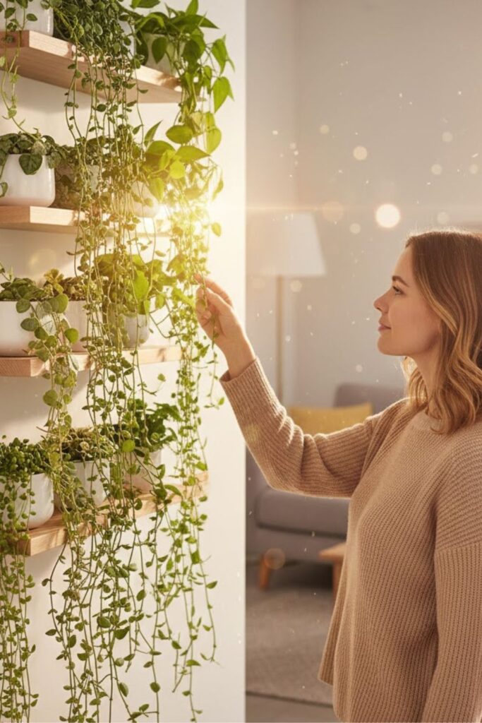 5. Floating Shelf Frames with Cascading Vines