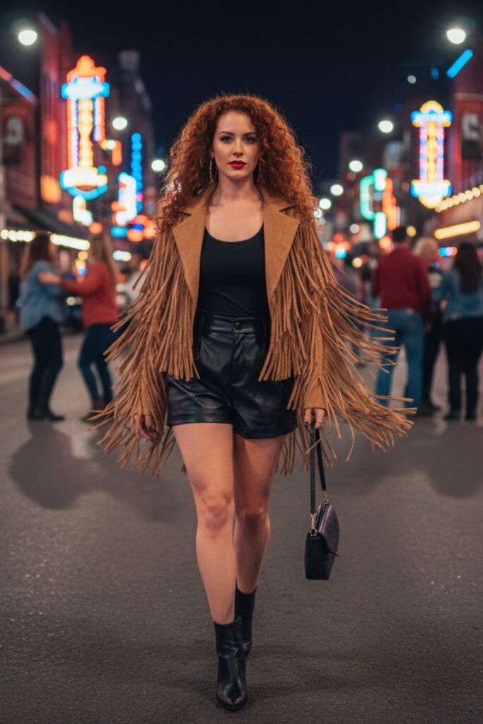 5. Fringe jacket, tank top, and leather shorts