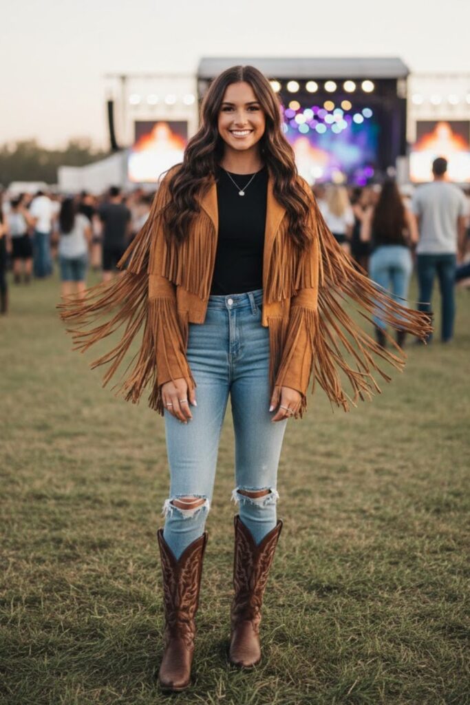 5. Fringe jacket with distressed denim