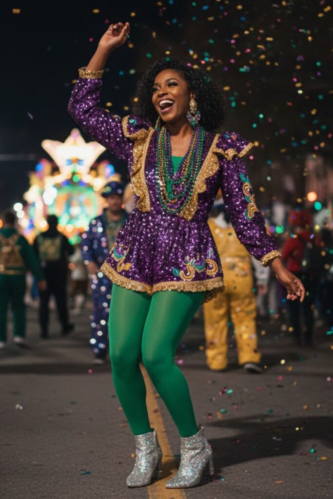5. Glitter Ankle Boots with Sequined Romper and Bright Tights