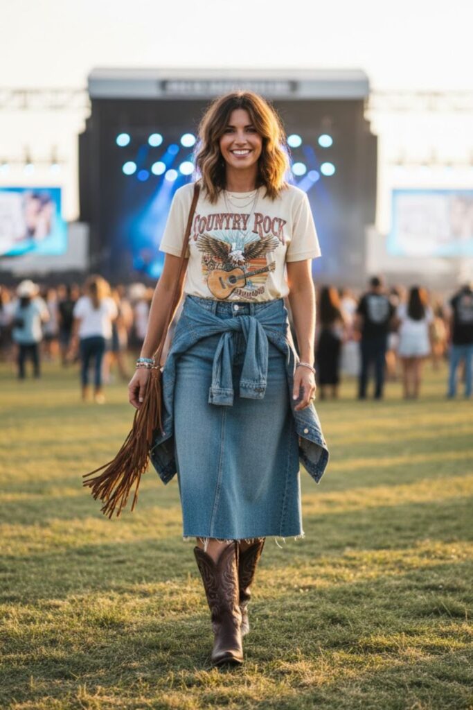 5. Graphic Tee with Denim Skirt and Layered Jacket