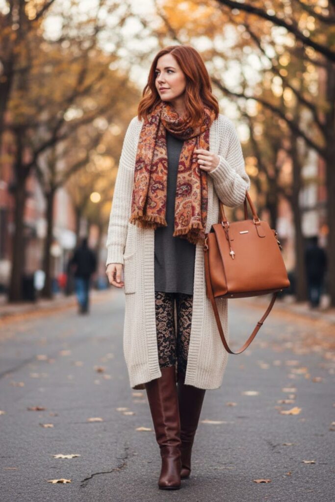 5. Lace Leggings with Longline Cardigan and Boots