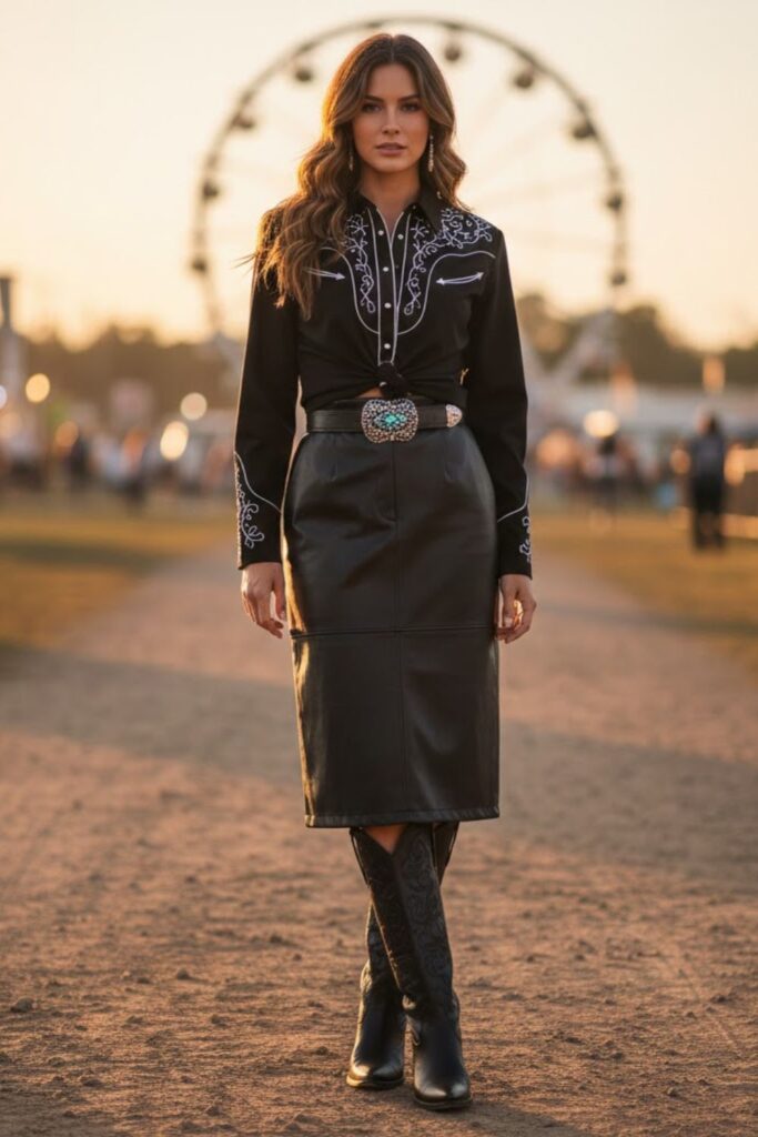 5. Leather Skirt with a Western Shirt