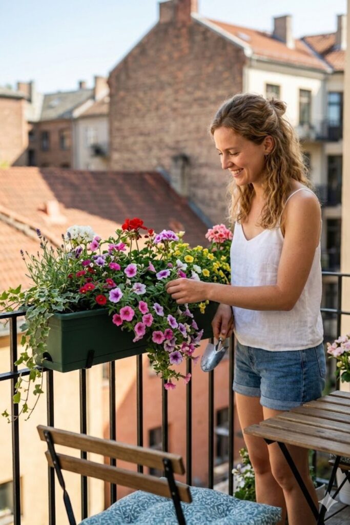 5. Line Railings with Flower Boxes