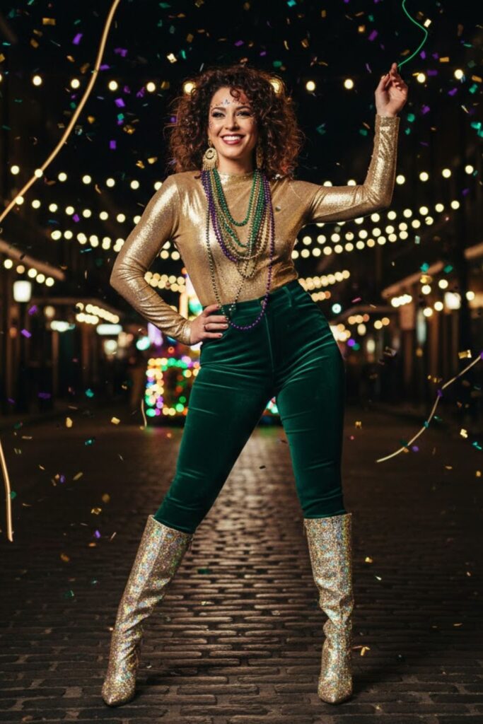 5. Metallic Bodysuit with High‑Waisted Pants and Glitter Boots