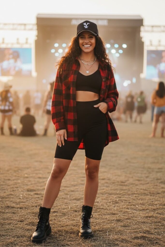5. Oversized Flannel and Biker Shorts