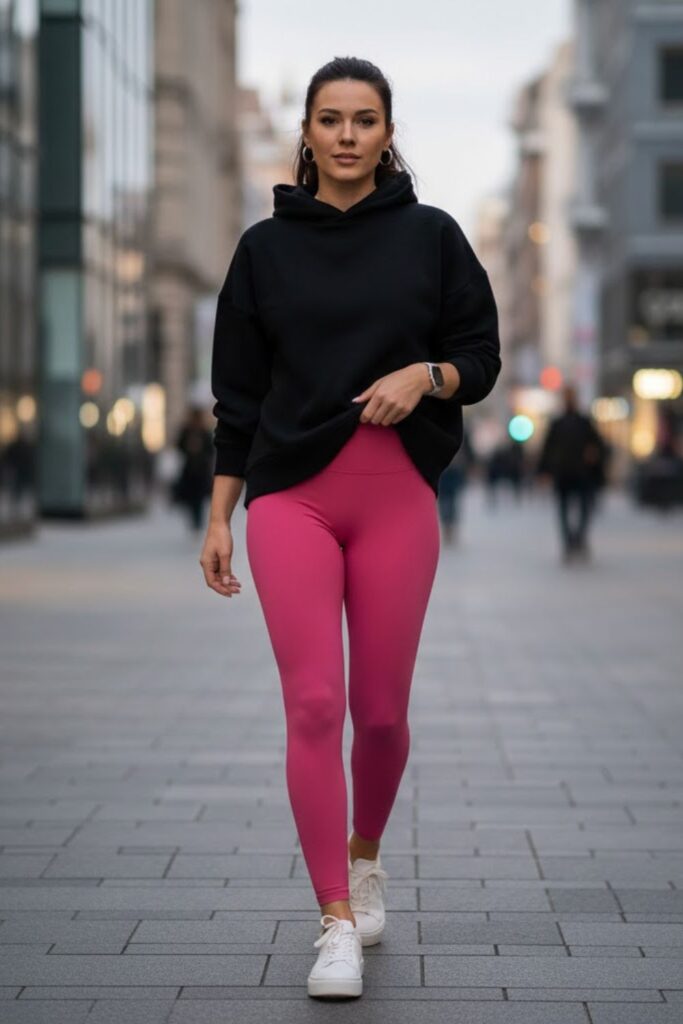 5. Pink Leggings with Black Hoodie
