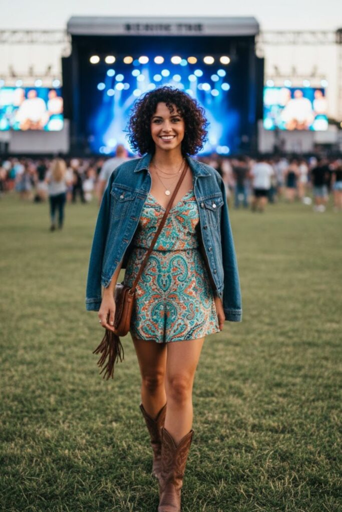 5. Printed Romper with Denim Jacket