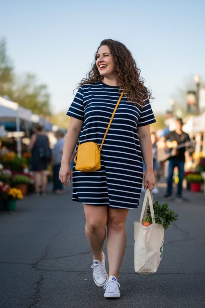 5. Striped Tee Dress with Canvas Sneakers and a Crossbody Bag