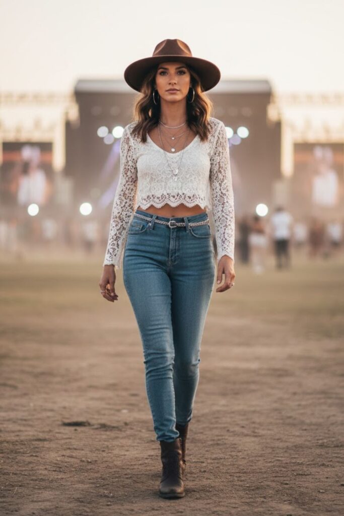 5. Wide-Brim Felt Hat With Lace Crop Top