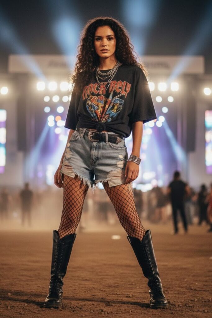 6. Band Tee with Fishnets and Denim Shorts