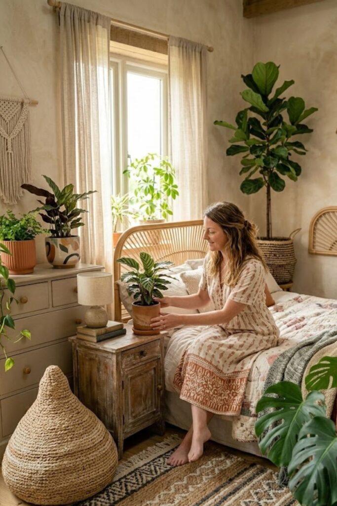 6. Boho Bedroom Oasis with Potted Plants