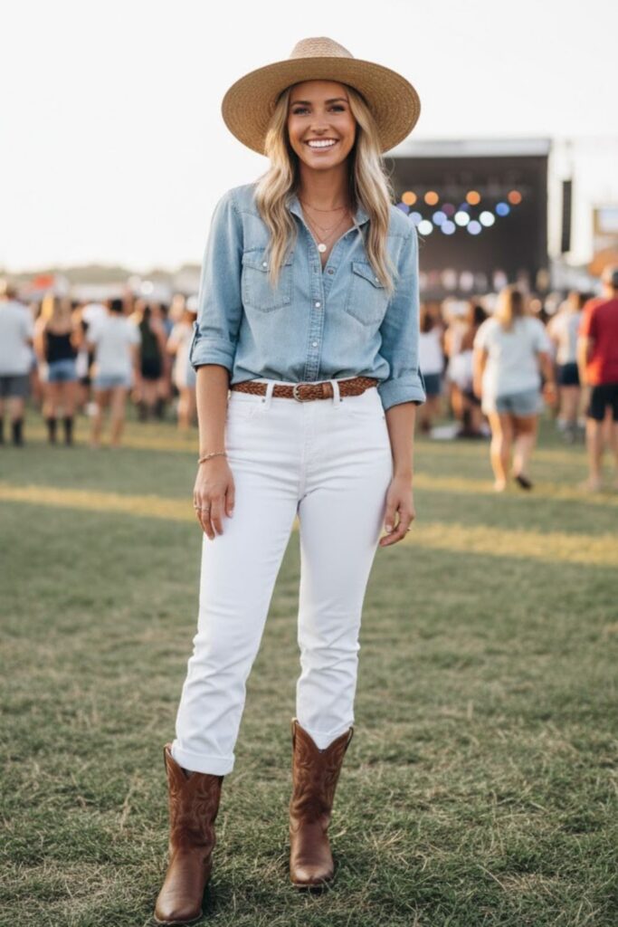 6. Chambray shirt and white jeans