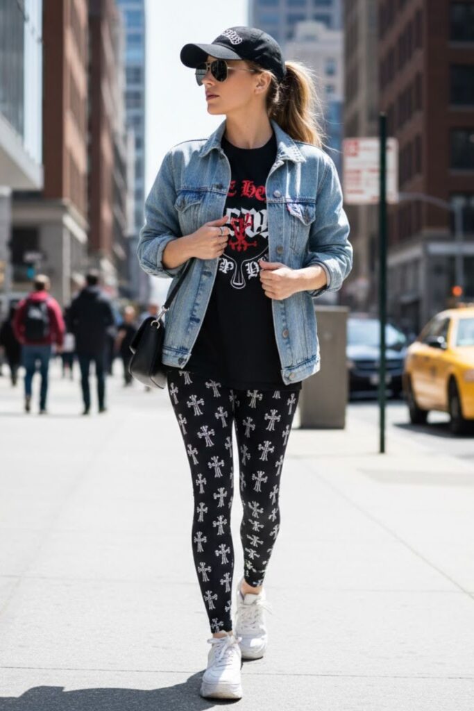 6. Chrome Heart Leggings with Denim Jacket and Graphic Tee