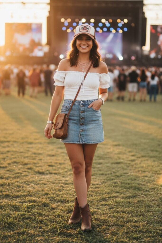 6. Denim Skirt and Off-Shoulder Top
