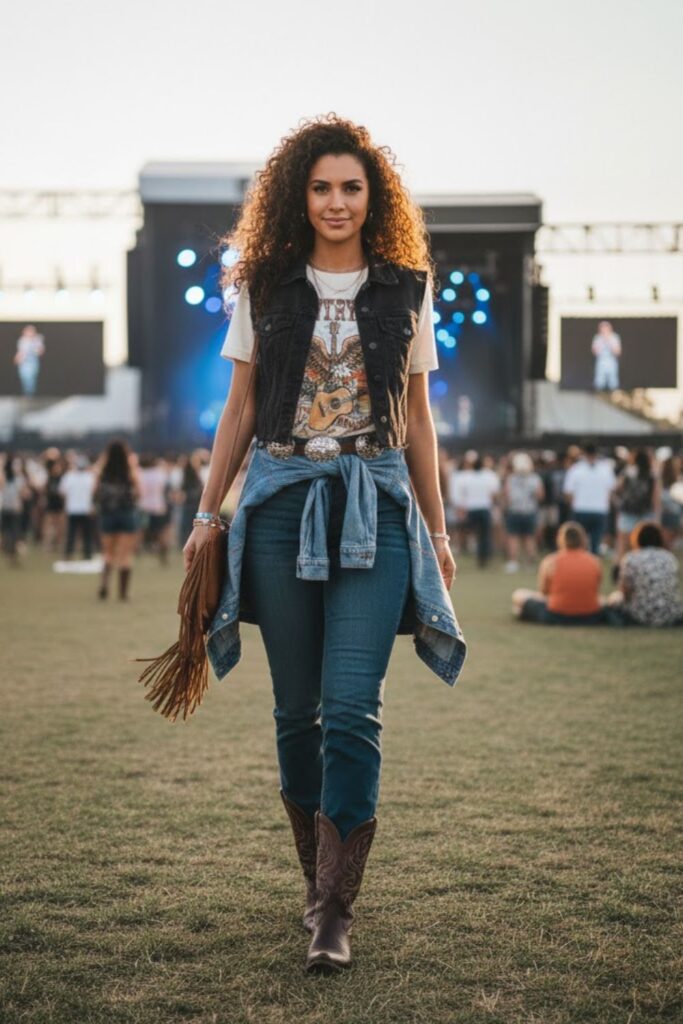 6. Graphic Tee with Crop Top Layer and Jeans
