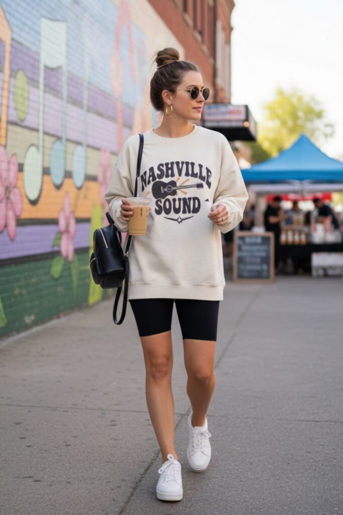 6. Graphic sweatshirt and biker shorts