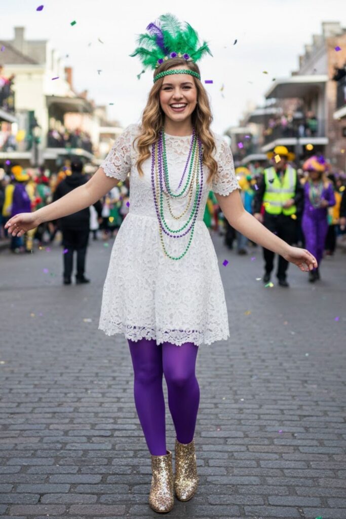6. Green Feathered Headband with White Lace Dress and Colorful Tights