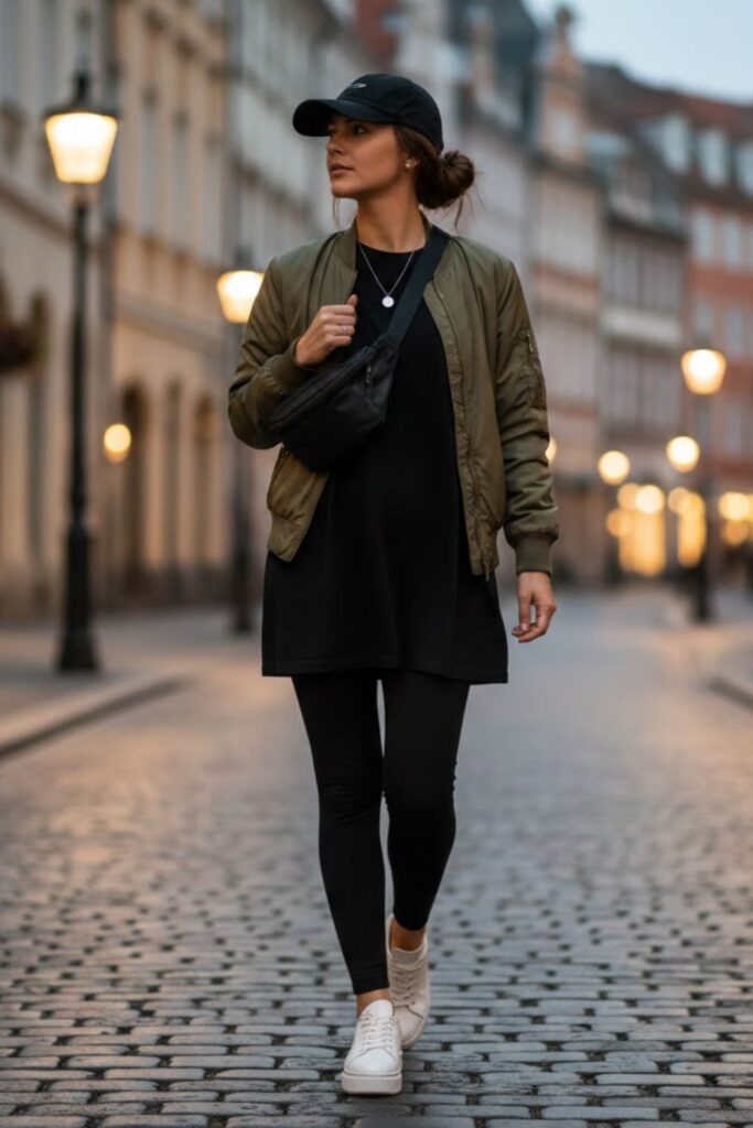 6. Leggings with Oversized T‑Shirt and Bomber Jacket