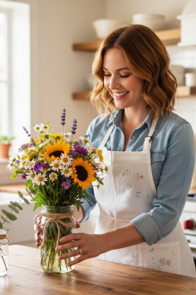 6. Mason Jar Vase with Seasonal Flowers