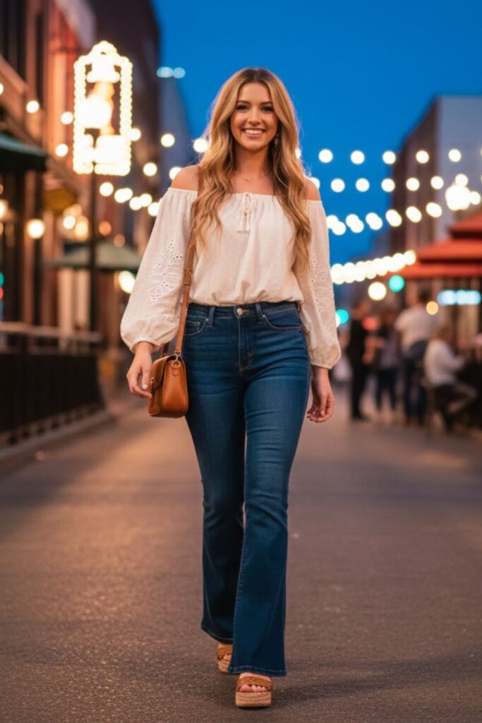 6. Off-the-shoulder top and flared jeans