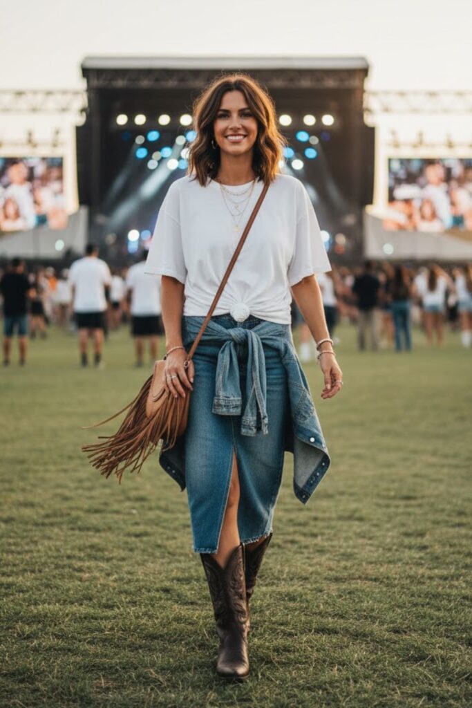 6. Oversized T-Shirt with Denim Skirt