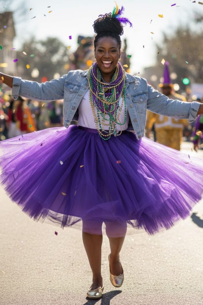 6. Purple Tulle Skirt with Crop Denim Jacket and Metallic Flats