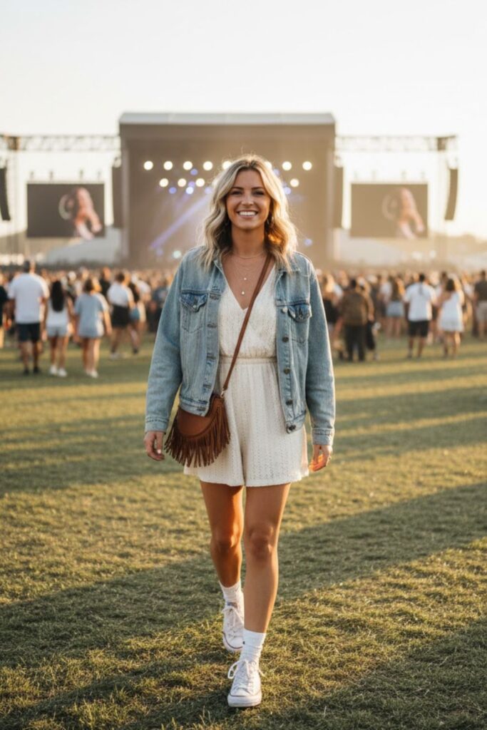 6. Romper with Sneakers and Denim Jacket