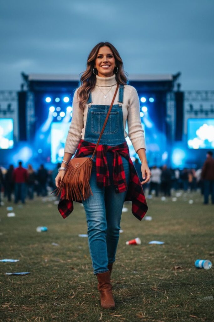 6. Turtleneck Sweater with Overalls and Boots