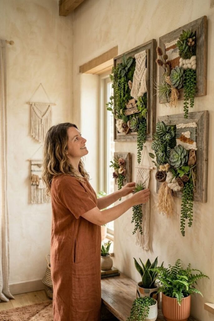 7. Bohemian Wall Art with Embedded Green Elements