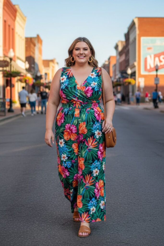 7. Bold Printed Jumpsuit with Hoop Earrings