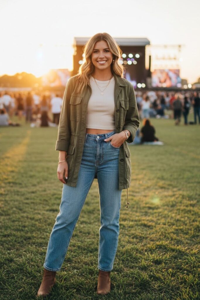 7. Crop top, utility jacket, and straight-leg jeans