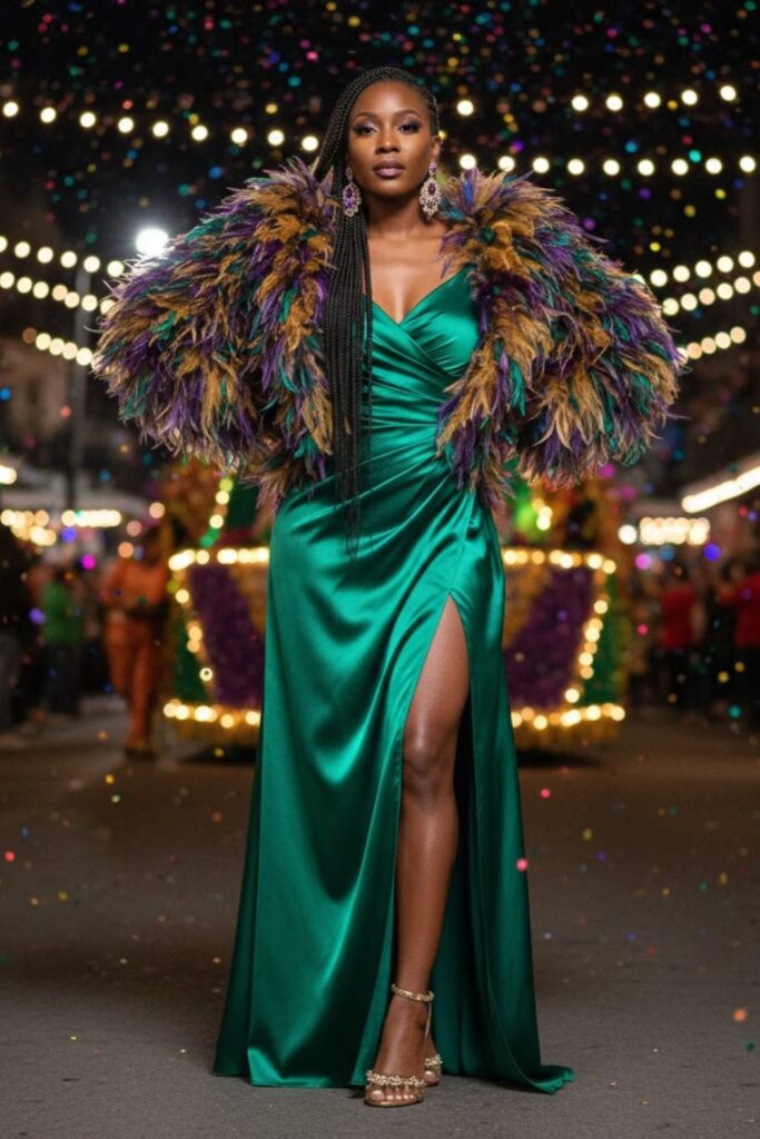 7. Emerald Satin Dress with Feathered Shawl and Statement Earrings